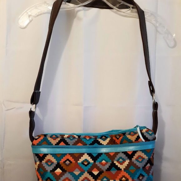 New Southwestern Geometric print Shoulder bag Purse Teracottta Brown Turquoise - Picture 3 of 10